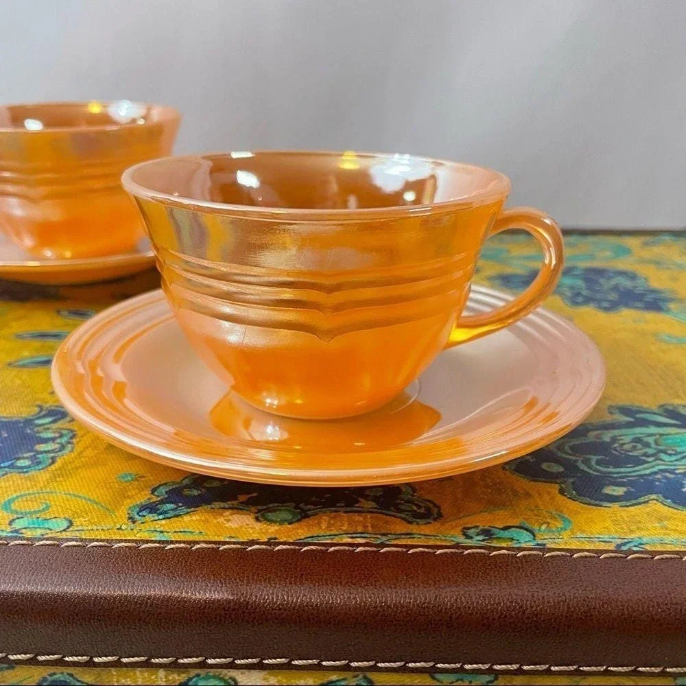 Fire-King Peach Lustre Laurel Tea Cup and Saucer Set 2pc Mid-Century Milk Glass